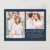Carte Postale Faire-part Élégant Script Navy 2 Photo Enregistrer la date (Devant)