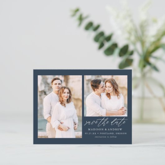 Carte Postale Faire-part Élégant Script Navy 2 Photo Enregistrer la date (Debout devant)