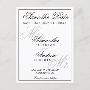 Carte Postale Faire-part Élégant script noir blanc classique enregistrer la