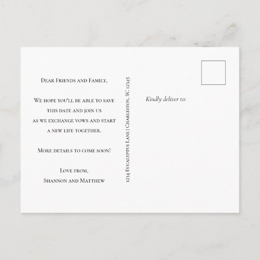 Carte Postale Faire-part Élégant Script Noir Blanc Mariage Enregistrer la d (Dos)