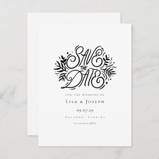 Carte Postale Faire-part Élégant script noir et blanc Enregistrer la date (Devant / Derrière)