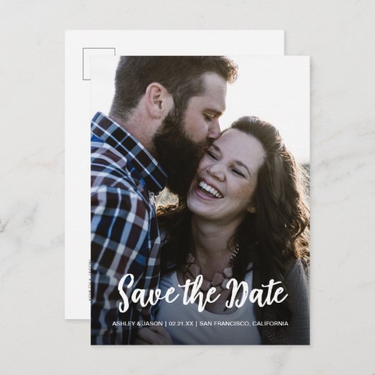 Carte Postale Faire-part Élégant Script Photo de fiançailles de sauvegarde  (Devant / Derrière)