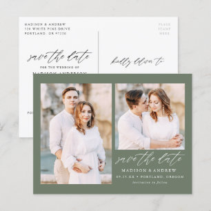 Carte Postale Faire-part Élégant Script Sage Green 2 Photo Enregistrer la d