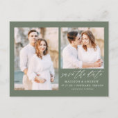 Carte Postale Faire-part Élégant Script Vert Sage 2 Photo Enregistrez la Da (Devant)