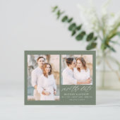 Carte Postale Faire-part Élégant Script Vert Sage 2 Photo Enregistrez la Da (Debout devant)