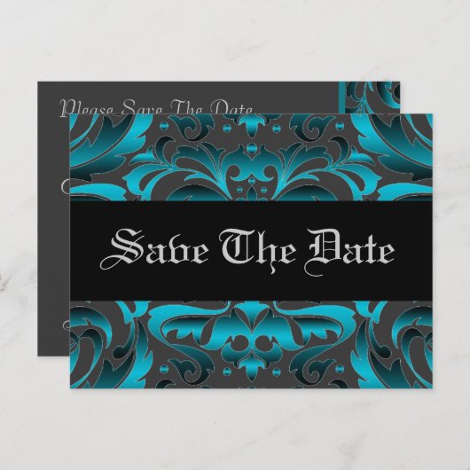 Carte Postale Faire-part Élégant Scroll Turquoise Damask Enregistrer La Dat (Devant / Derrière)