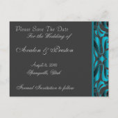 Carte Postale Faire-part Élégant Scroll Turquoise Damask Enregistrer La Dat (Dos)