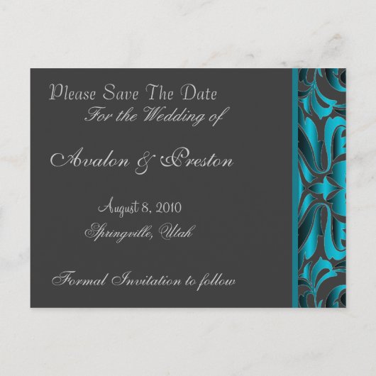 Carte Postale Faire-part Élégant Scroll Turquoise Damask Enregistrer La Dat (Dos)