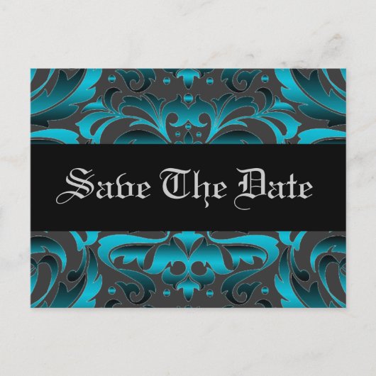 Carte Postale Faire-part Élégant Scroll Turquoise Damask Enregistrer La Dat (Devant)