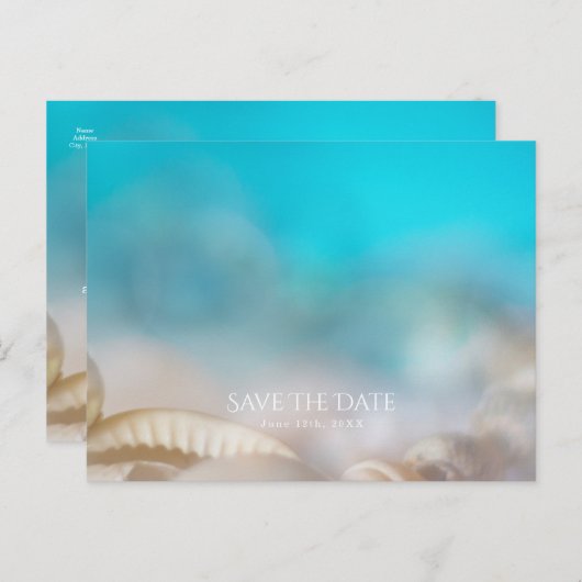 Carte Postale Faire-part Elégant Sea Shells Blue Tropical Enregistrer la da (Devant / Derrière)