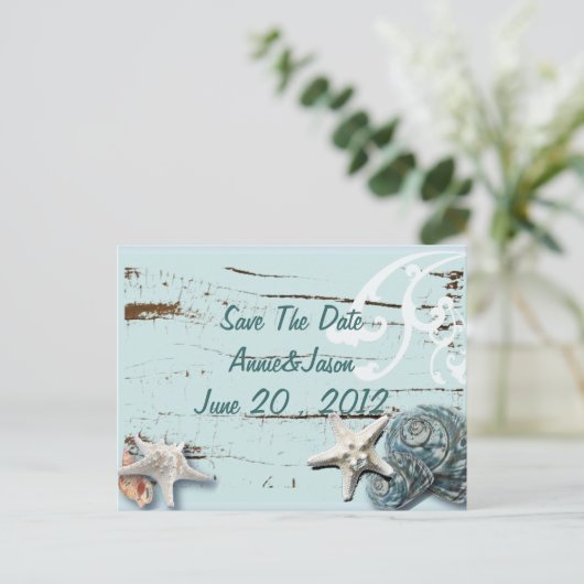 Carte Postale Faire-part Elegant Seashells Beach Mariage enregistrer la dat (Debout devant)