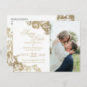 Carte Postale Faire-part Élégant Simple Or Blanc Floral Épargnez la Date (Devant / Derrière)