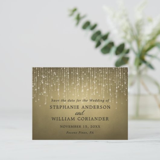 Carte Postale Faire-part Elégant String Lights Gold Enregistrer la date STD (Debout devant)