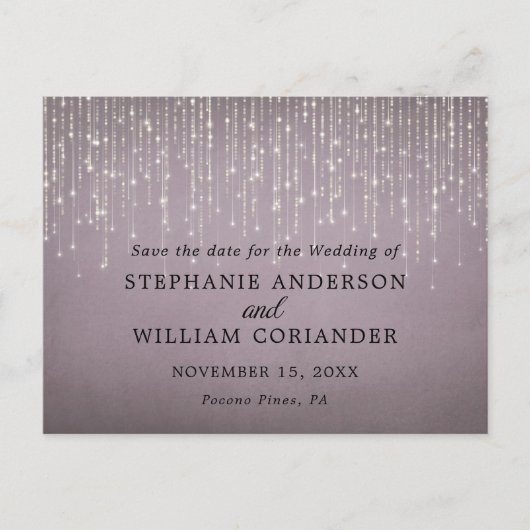 Carte Postale Faire-part Elégant String Lights Mauve Enregistrer la date ST (Devant)