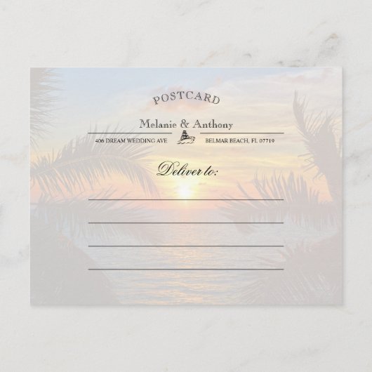 Carte Postale Faire-part Elégant String Lights Sunset Summer Beach Mariage (Dos)