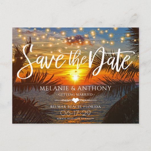 Carte Postale Faire-part Elégant String Lights Sunset Summer Beach Mariage (Devant)