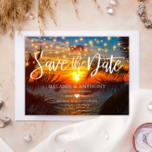 Carte Postale Faire-part Elégant String Lights Sunset Summer Beach Mariage