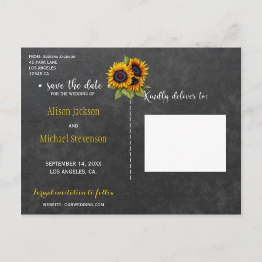 Carte Postale Faire-part Elégant tournesol rustique chute enregistrer date  (Dos)