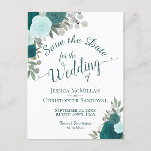 Carte Postale Faire-part Elégant Turquoise Turquoise Roses mariage Enregist