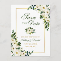 Élégant vert blanc floral Enregistrer la date Or