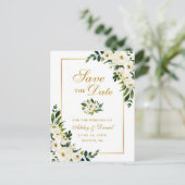 Carte Postale Faire-part Elégant Vert Blanc Floral Or Enregistrer la date (Debout devant)
