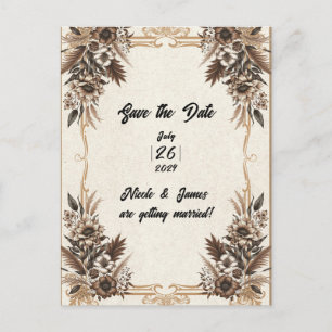 Carte Postale Faire-part Élégant Vintage Bohème Fleur Mariage Sauver Date