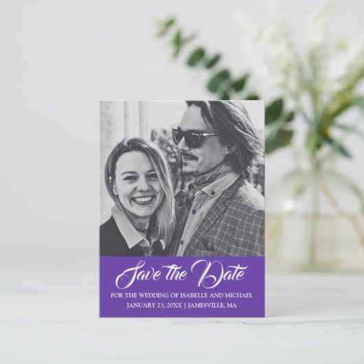 Carte Postale Faire-part Elégant violet blanc photo Enregistrer la date car (Debout devant)