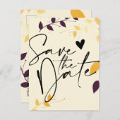 Carte Postale Faire-part Élégant violet Feuilles dorés Enregistrer la date  (Devant / Derrière)
