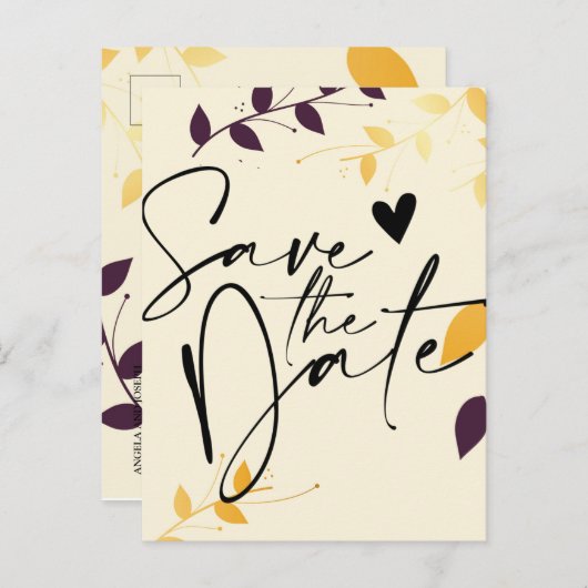 Carte Postale Faire-part Élégant violet Feuilles dorés Enregistrer la date (Devant / Derrière)