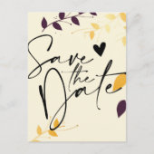 Carte Postale Faire-part Élégant violet Feuilles dorés Enregistrer la date (Devant)