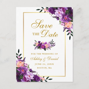 Carte Postale Faire-part Élégant Violet Pourpre Floral Or Save the Date
