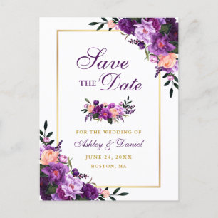 Carte Postale Faire-part Élégant violet violet or floral Enregistrer la dat