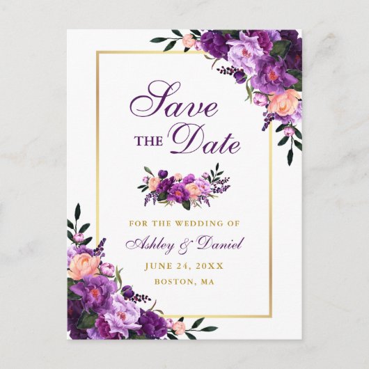 Carte Postale Faire-part Élégant violet violet or floral Enregistrer la dat (Devant)