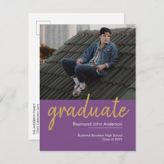 Carte Postale Faire-part Élégant violet violet or Script photo Graduation (Devant / Derrière)