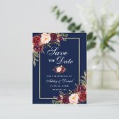 Carte Postale Faire-part Élégante Bourgogne florale Enregistrer la date Or (Debout devant)