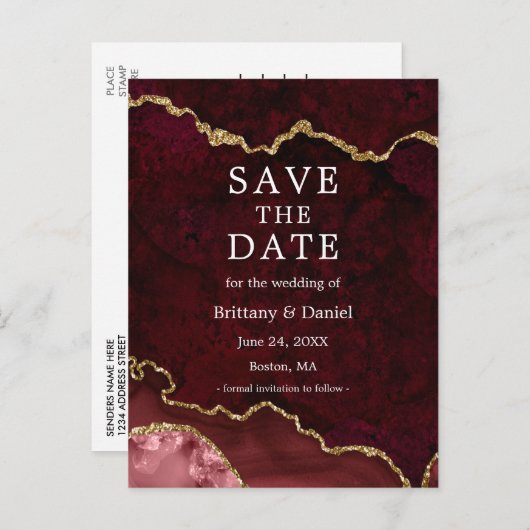 Carte Postale Faire-part Elégante Burgundy Gold Marble Geode Enregistrer La (Devant / Derrière)