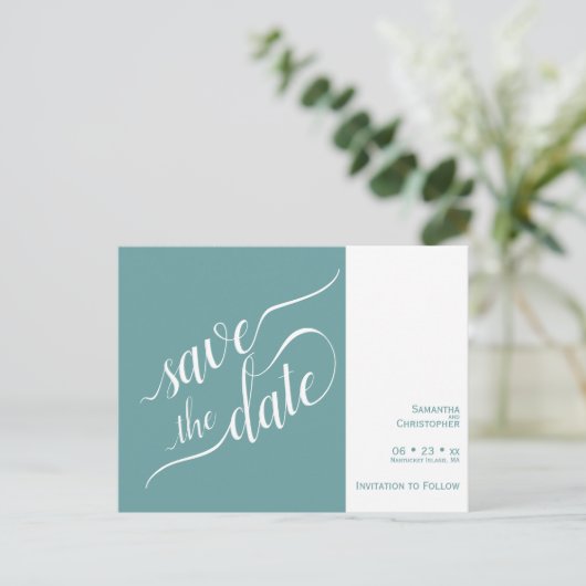 Carte Postale Faire-part Élégante calligraphie Mariage Turquoise Enregistre (Debout devant)