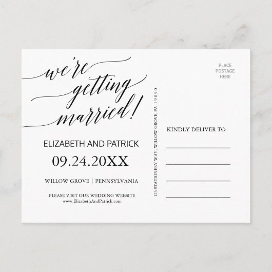 Carte Postale Faire-part Élégante calligraphie noire : on se marie (Dos)