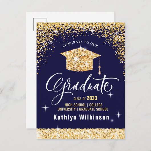 Carte Postale Faire-part Élégante calligraphie Parties scintillant d'or Gra (Devant / Derrière)