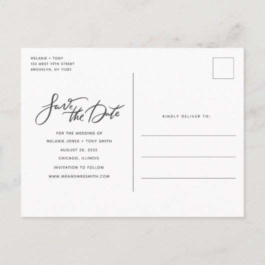 Carte Postale Faire-part Élégante Écriture Photo Mariage Enregistrer la Dat (Dos)