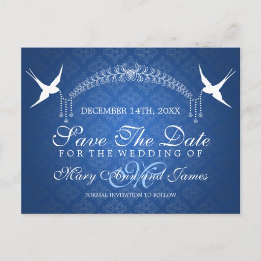 Carte Postale Faire-part Élégante Étape Date Oiseaux Monogramme Bleu (Devant)