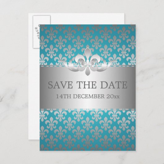 Carte Postale Faire-part Élégante Fleur De Lis Bleue Enregistrer La Date (Devant / Derrière)