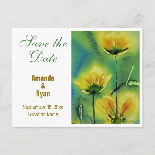 Carte Postale Faire-part Elégante Fleurs Jaunes Mariage Enregistrer la date (Devant)