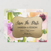 Carte Postale Faire-part Elégante Fleurs Or | Save the date (Devant / Derrière)