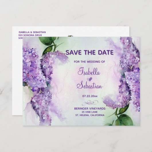 Carte Postale Faire-part Elégante Lilac Fleurs Mariage Enregistrer La Date (Devant / Derrière)