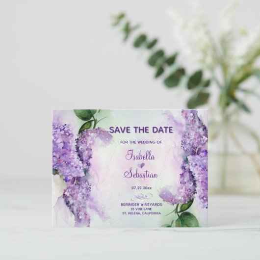 Carte Postale Faire-part Elégante Lilac Fleurs Mariage Enregistrer La Date (Debout devant)