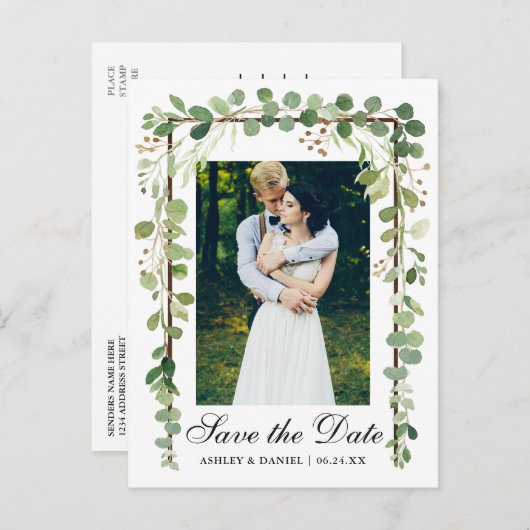 Carte Postale Faire-part Élégante Photo Botanique Verte Enregistrer La Date (Devant / Derrière)