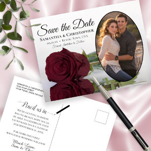 Carte Postale Faire-part Élégante photo de mariage à la rose de Bourgogne p