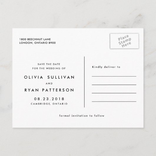 Carte Postale Faire-part Élégante photo de mariage, sauvez la date (Dos)