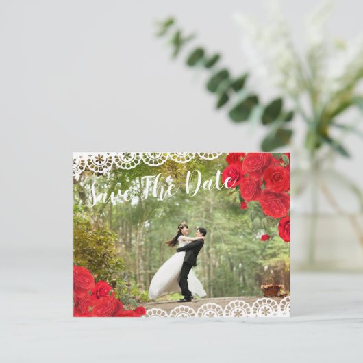 Carte Postale Faire-part Élégante Rose Espagnole & Dentelle Save The Date r (Debout devant)